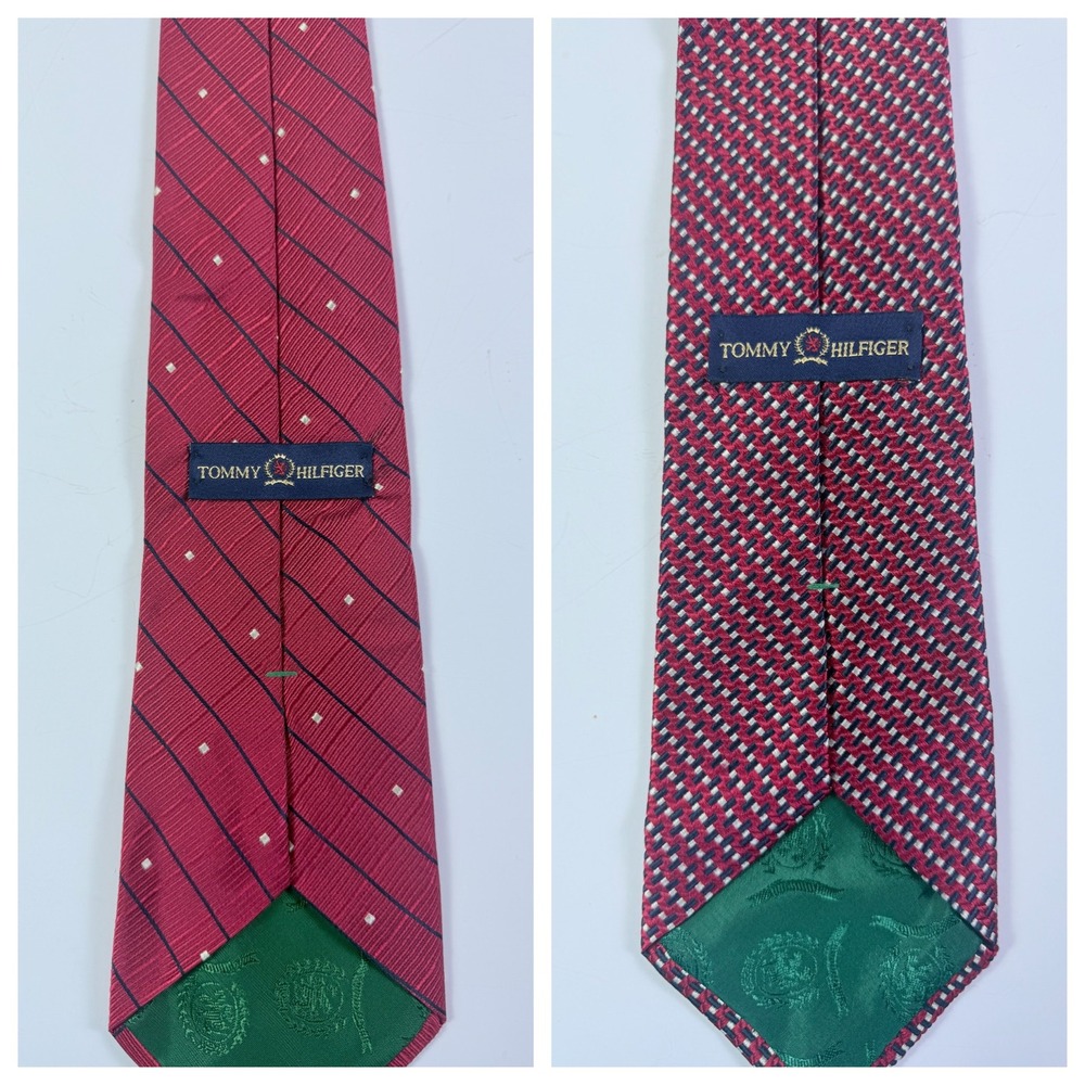 Lot Of 2 Tommy Hilfiger Silk Ties Red Navy Micro Check Striped Mens Necktie